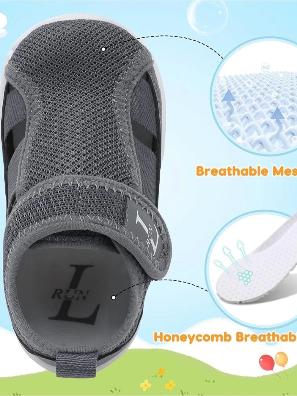 Gray Toddler Mesh Sandals with Hook-and-Loop Strap Size 5.4 in heel to toe